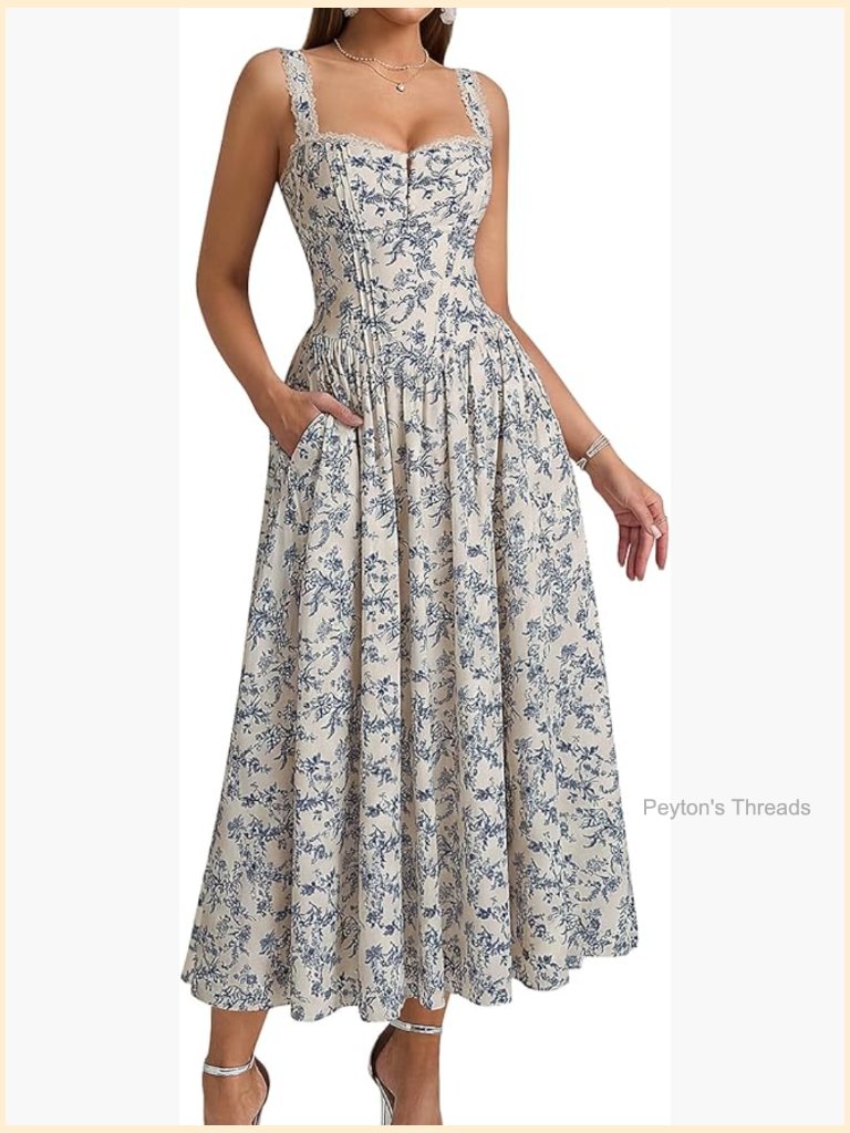 Women Midi Dress Flowy Lace Smocked Corset A-Line With Pockets
